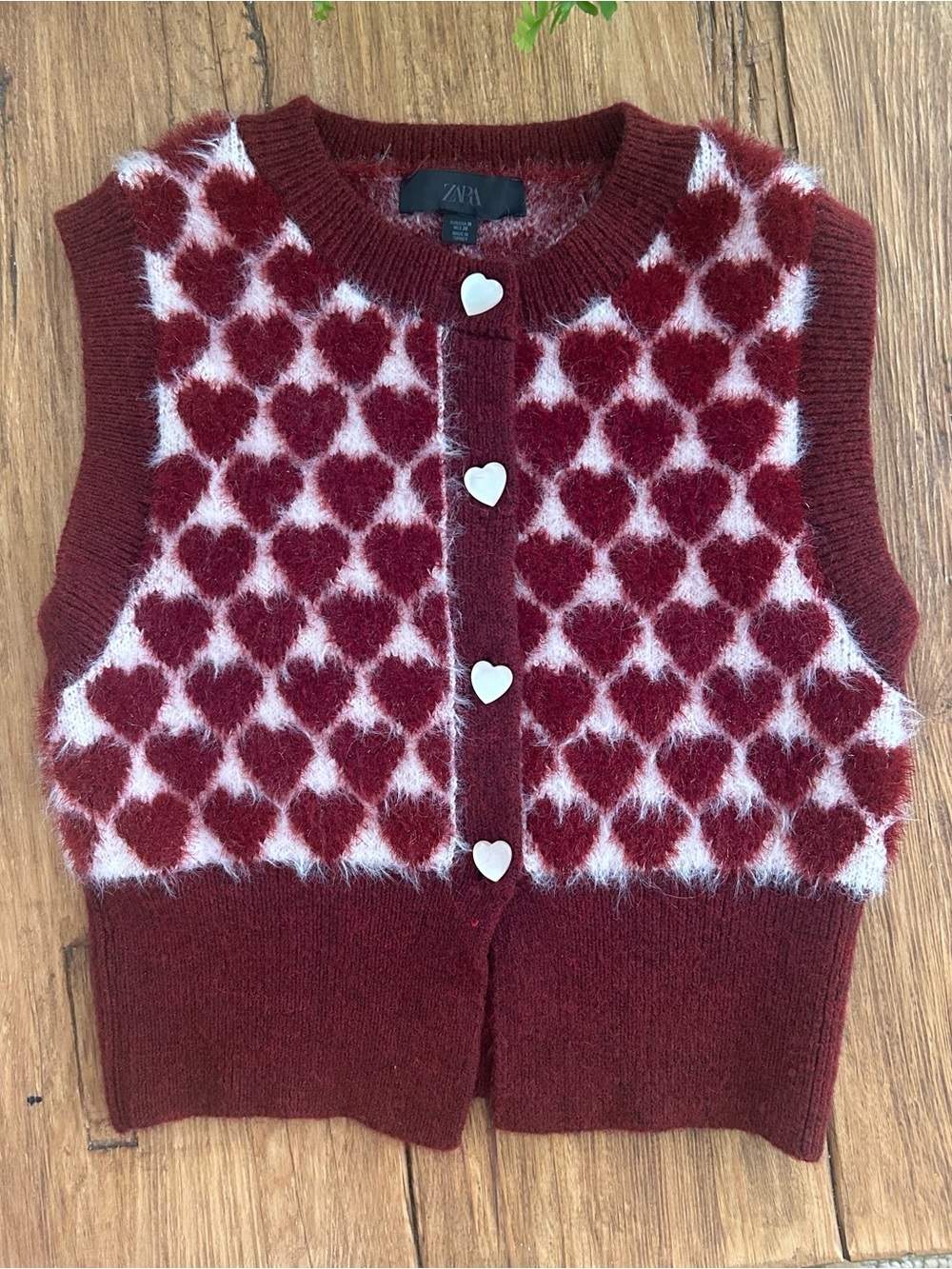 Zara Burgundy & White Heart-Pattern Sleeveless Sweater Vest
